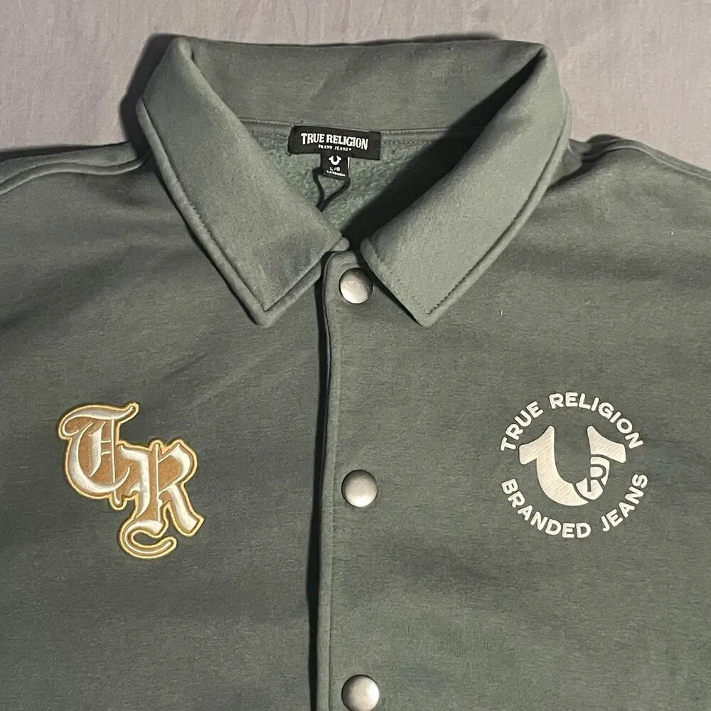 True Religion Men’s Collared Varsity Jacket Patches Size L Green Fleece Patches